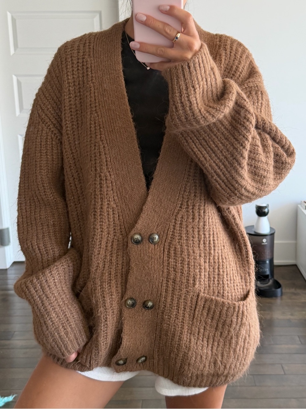 Zara Caramel Brown Oversized Button-Front Knit Cardigan